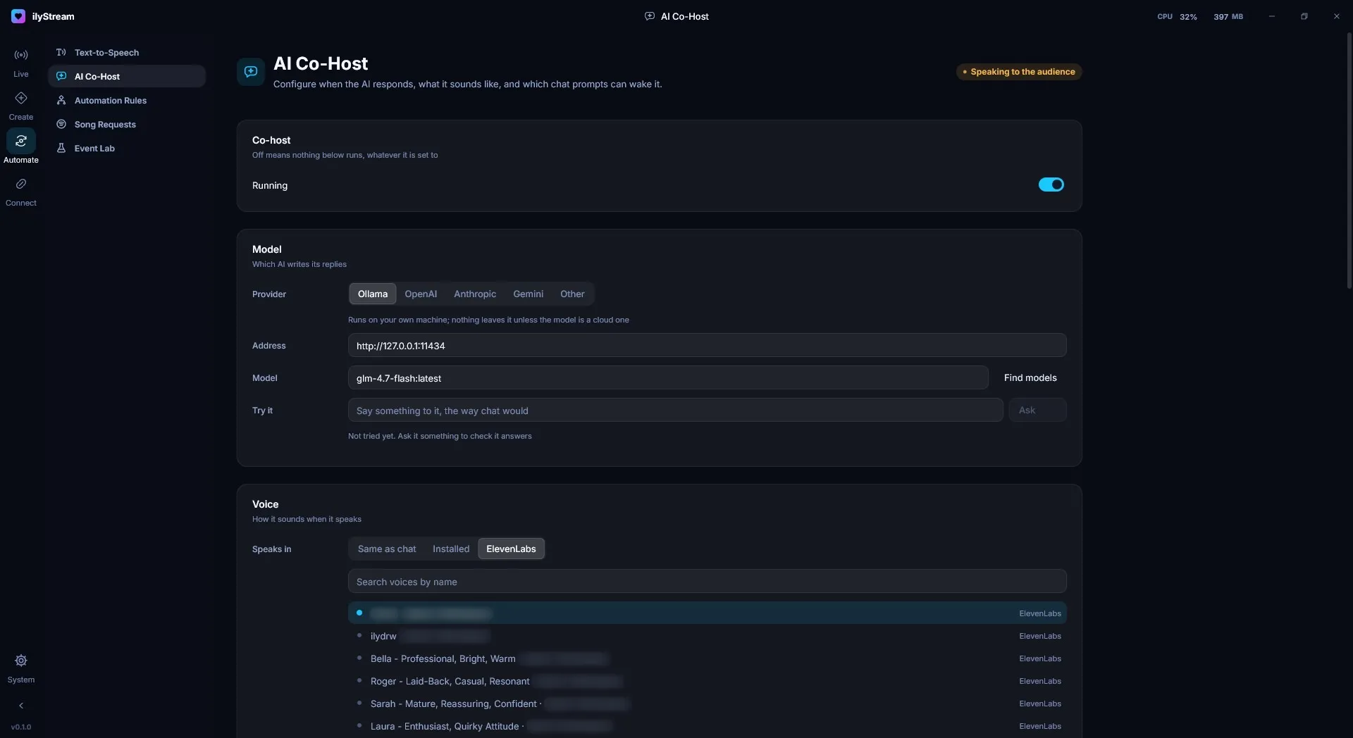 The AI Co-Host page: the co-host running, Ollama chosen as the provider at http://127.0.0.1, and ElevenLabs voices to speak with. Workspace and custom voice names are blurred.