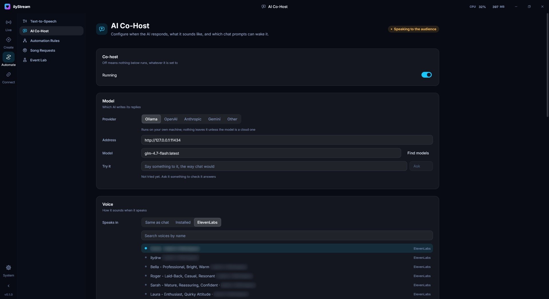AI Co-Host model settings: the provider (Ollama, OpenAI, Anthropic, Gemini or Other), a local Ollama address and model, and a box to try it.