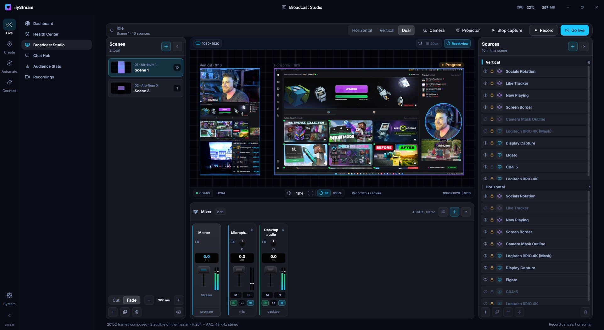 ilyStream's Broadcast Studio in the Dual layout: scenes on the left, a vertical 9:16 canvas and a horizontal 16:9 canvas in the middle with the audio mixer below, and each canvas's sources on the right.