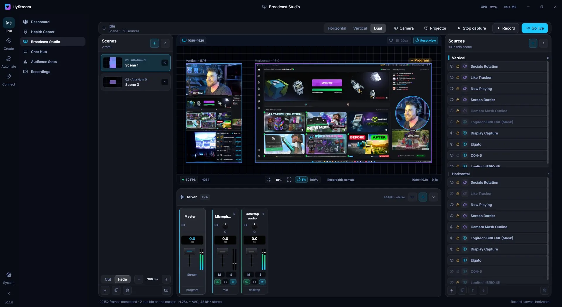 Broadcast Studio in the Dual layout: scenes on the left, a 9 and a 16 canvas in the middle with the mixer below, and each canvas’s sources on the right.