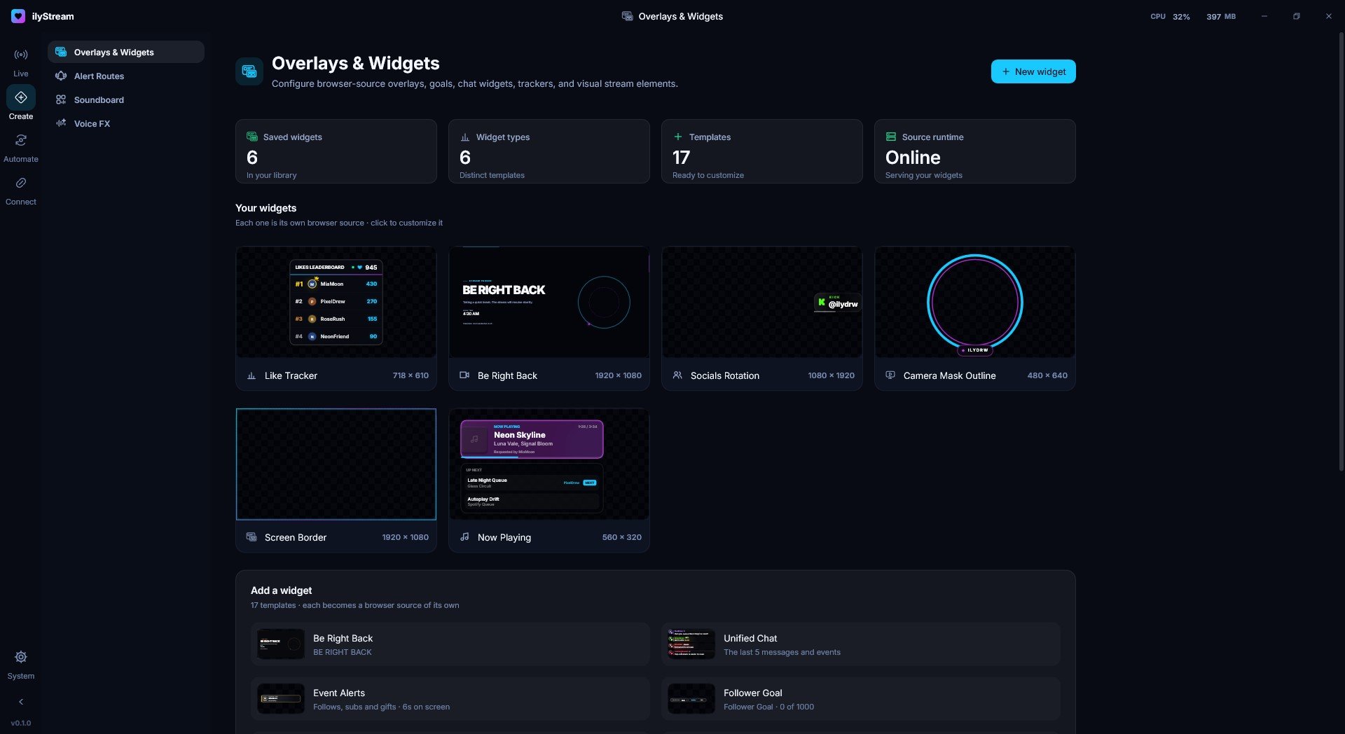 ilyStream's Overlays & Widgets page: counts of saved widgets, widget types and templates, a grid of saved widgets with live previews, and templates to add.