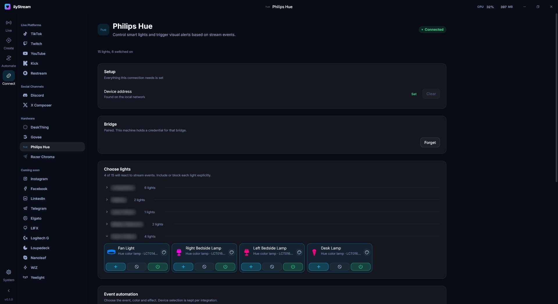Philips Hue in ilyStream: Choose lights, with 4 of 15 lights set to react to stream events, including a fan light and bedside lamps. Room names are blurred.