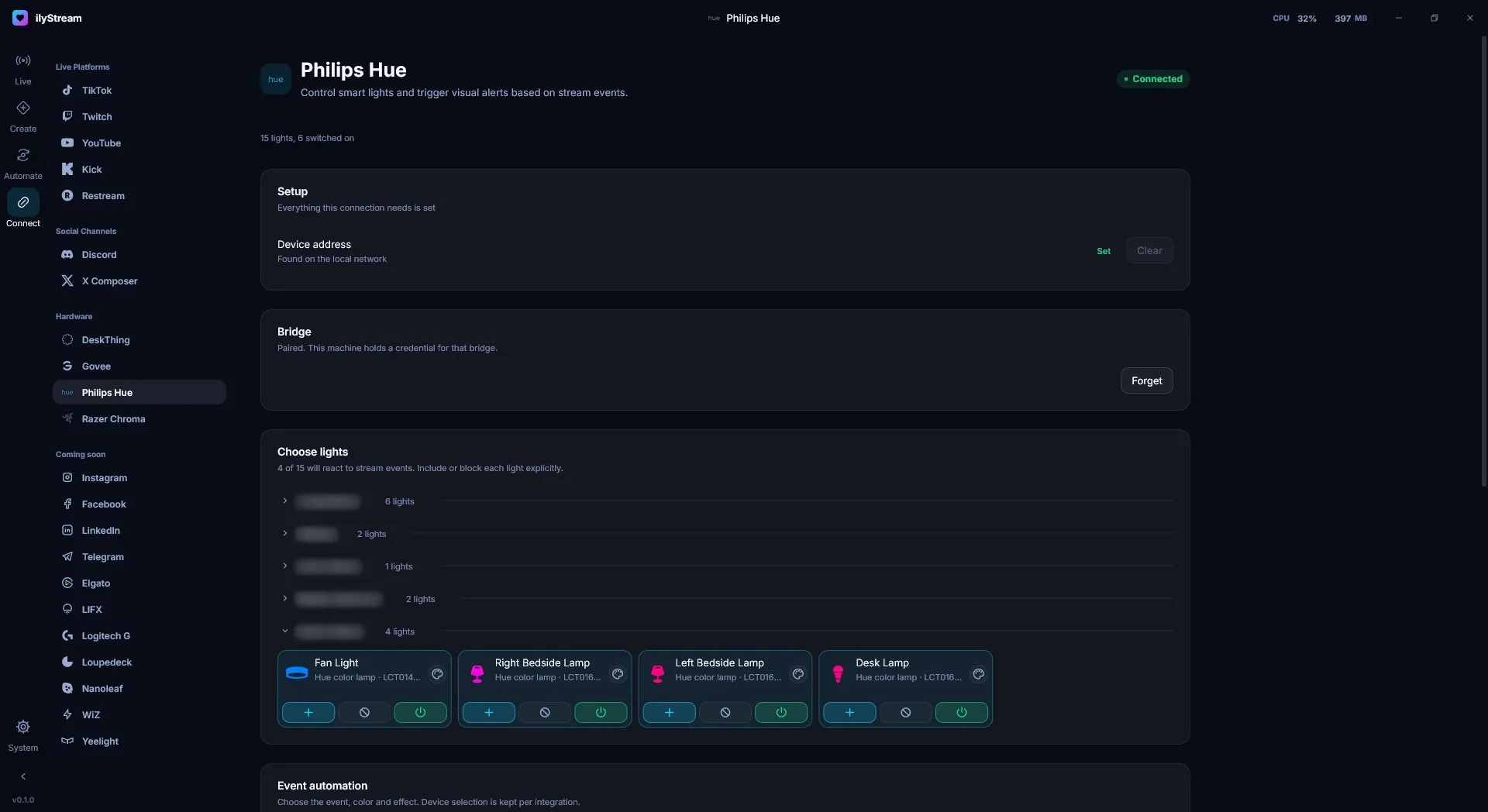 The Philips Hue page: the bridge found on the local network and paired, and the lights that react to stream events. Room names are blurred.