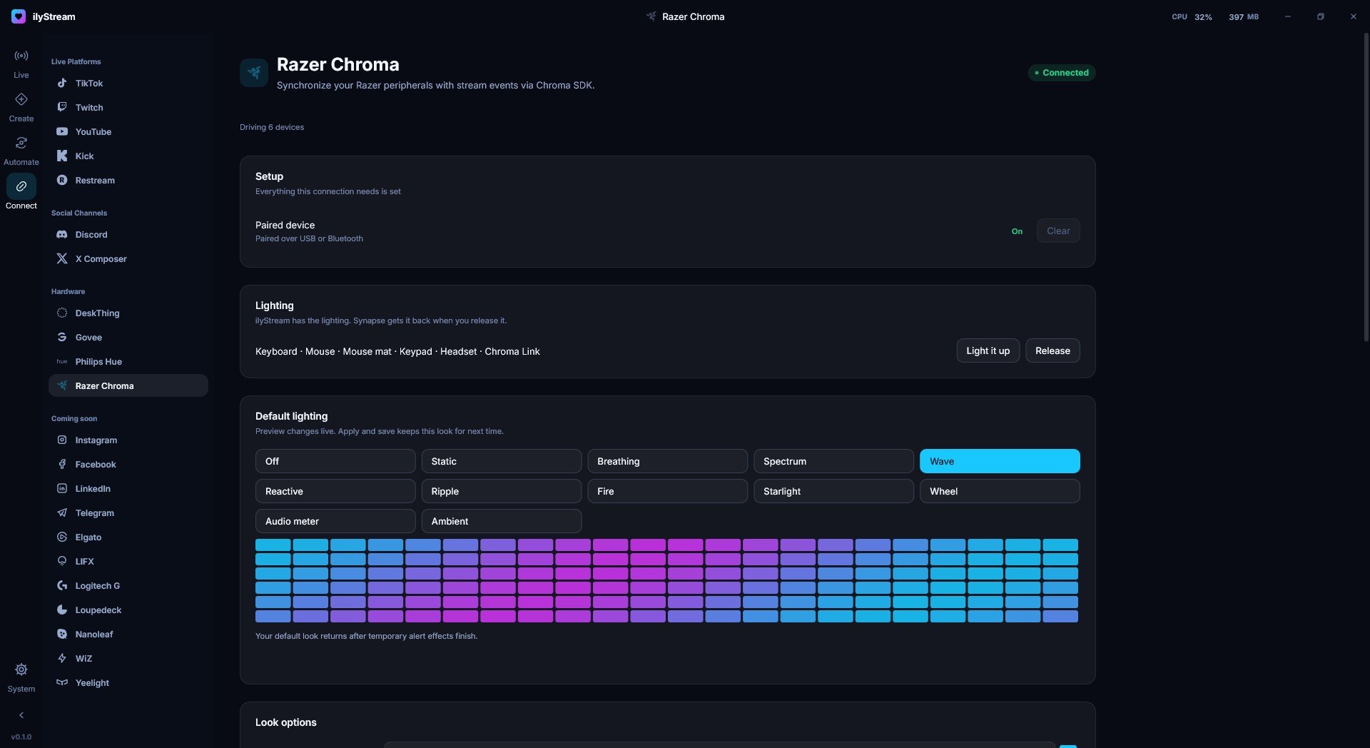 Razer Chroma in ilyStream: default lighting effects such as Static, Breathing, Ripple and Audio meter, above a live preview of the lighting.