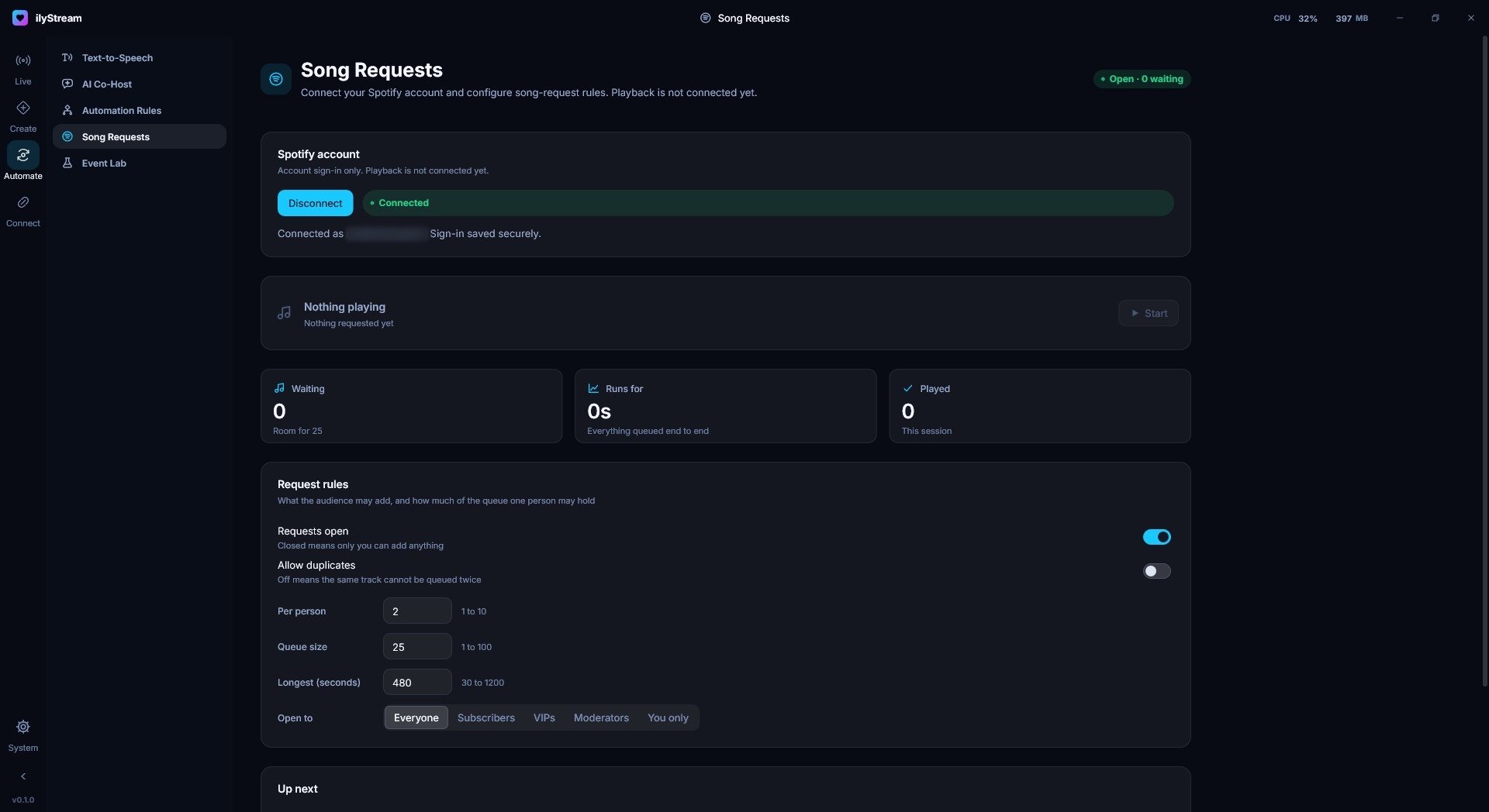Song Requests rules: requests open, duplicates, requests per person, queue size, longest track, and who requests are open to.