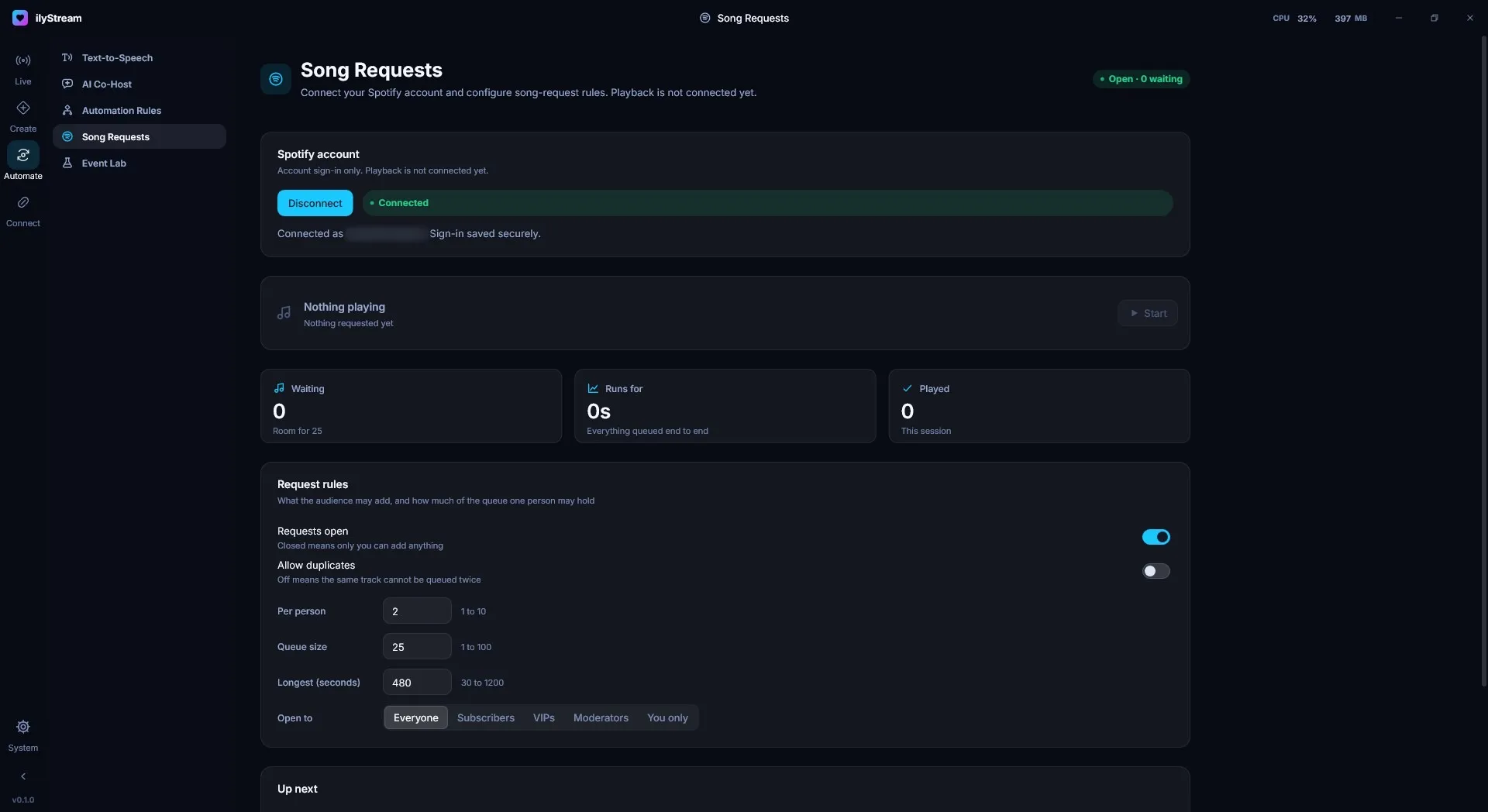 The Song Requests page: a connected Spotify account, the queue, and the request rules. The account name is blurred.