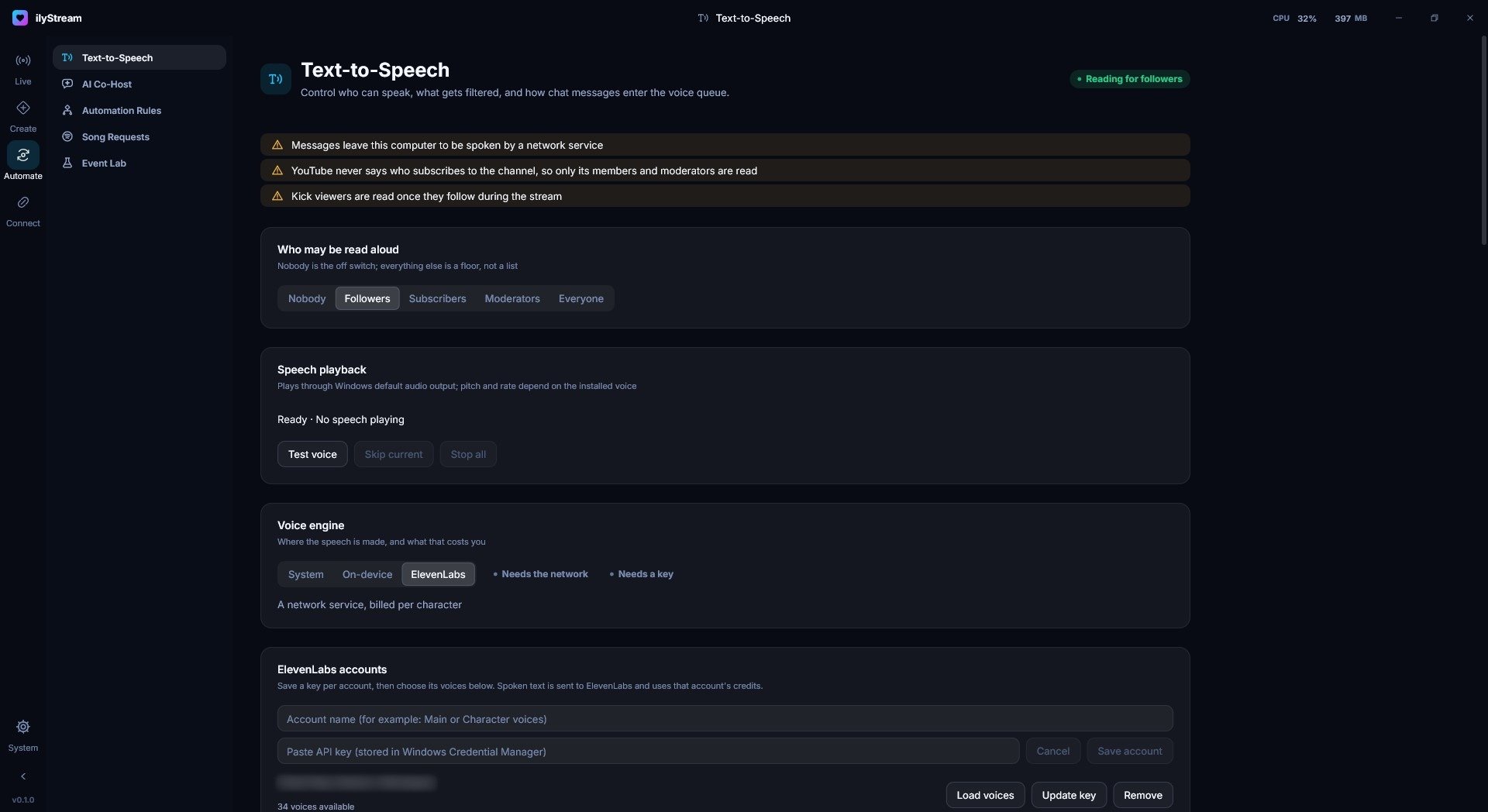 Text-to-Speech settings: who may be read aloud (Nobody, Followers, Subscribers, Moderators or Everyone), speech playback, and the voice engine (System, On-device or ElevenLabs, which needs the network and a key).