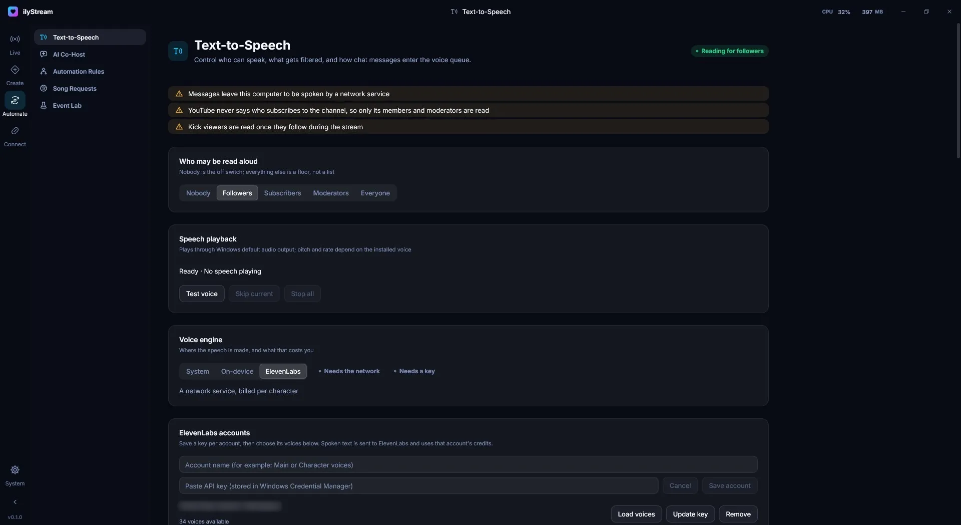The Text-to-Speech page: three notices, Who may be read aloud set to Followers, Speech playback, and the voice engine set to ElevenLabs. The ElevenLabs workspace name is blurred.