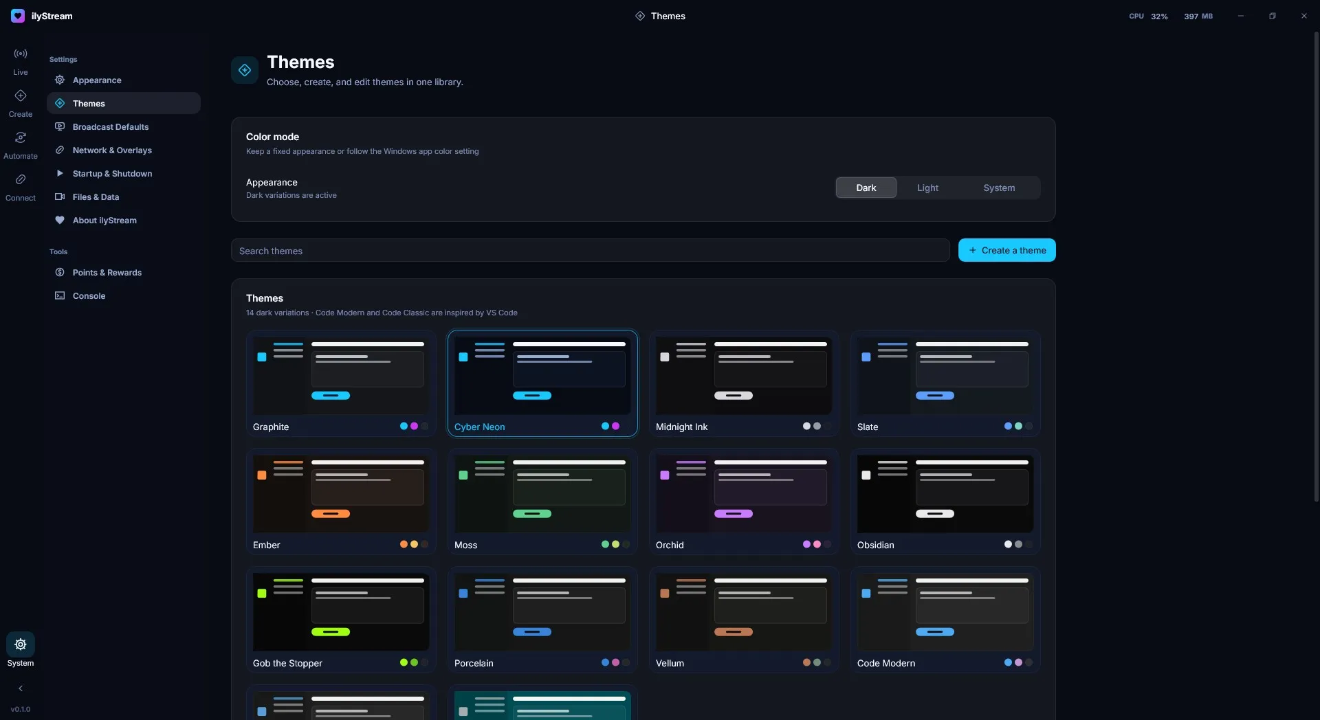 The Themes page: Color mode set to Dark, a search box, and the library of 14 dark themes with Cyber Neon selected.