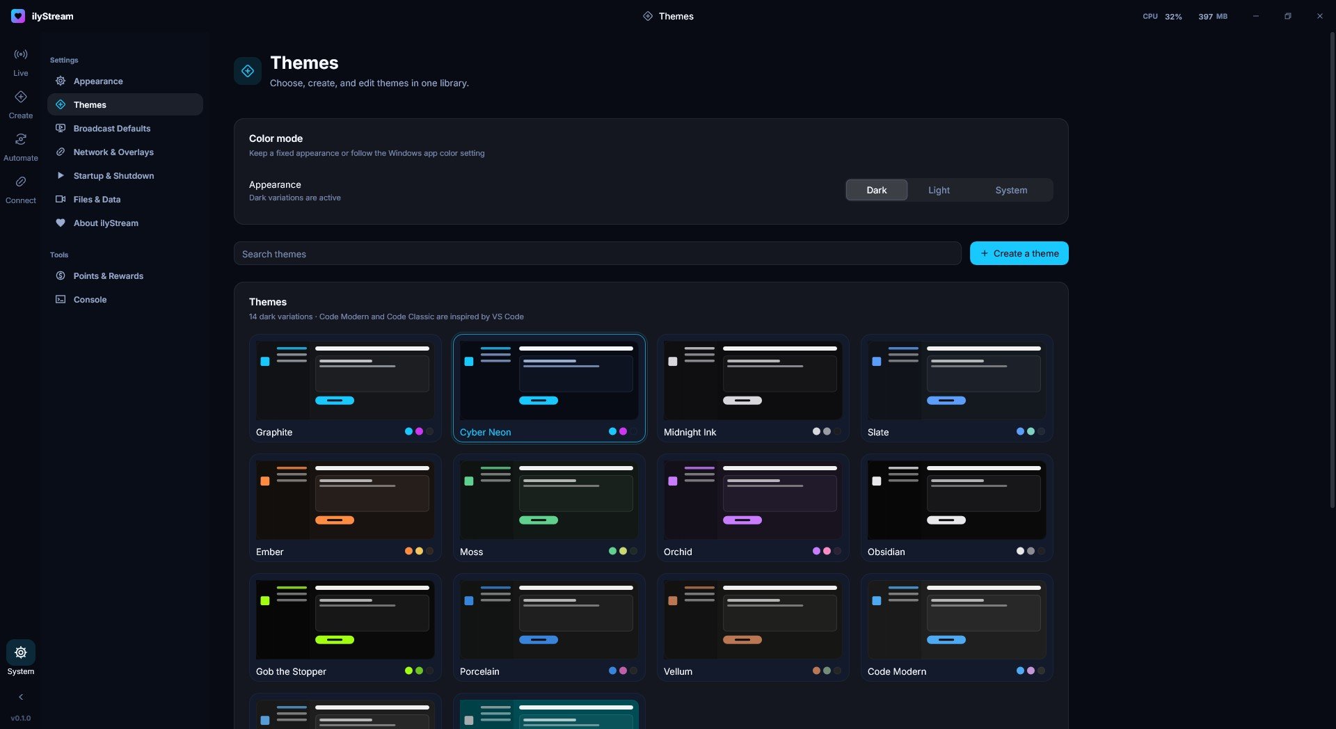 ilyStream's Themes library: Dark, Light or System color mode, a theme search box, a Create a theme button, and a grid of dark themes with Cyber Neon selected.